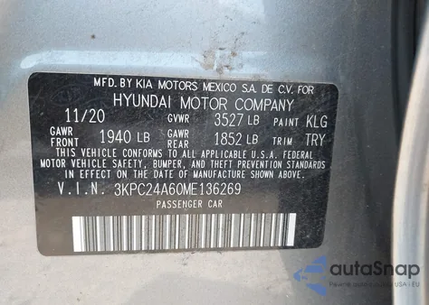 2021 Hyundai Accent Se из США, поврежденный, VIN 3KPC24A60ME136269